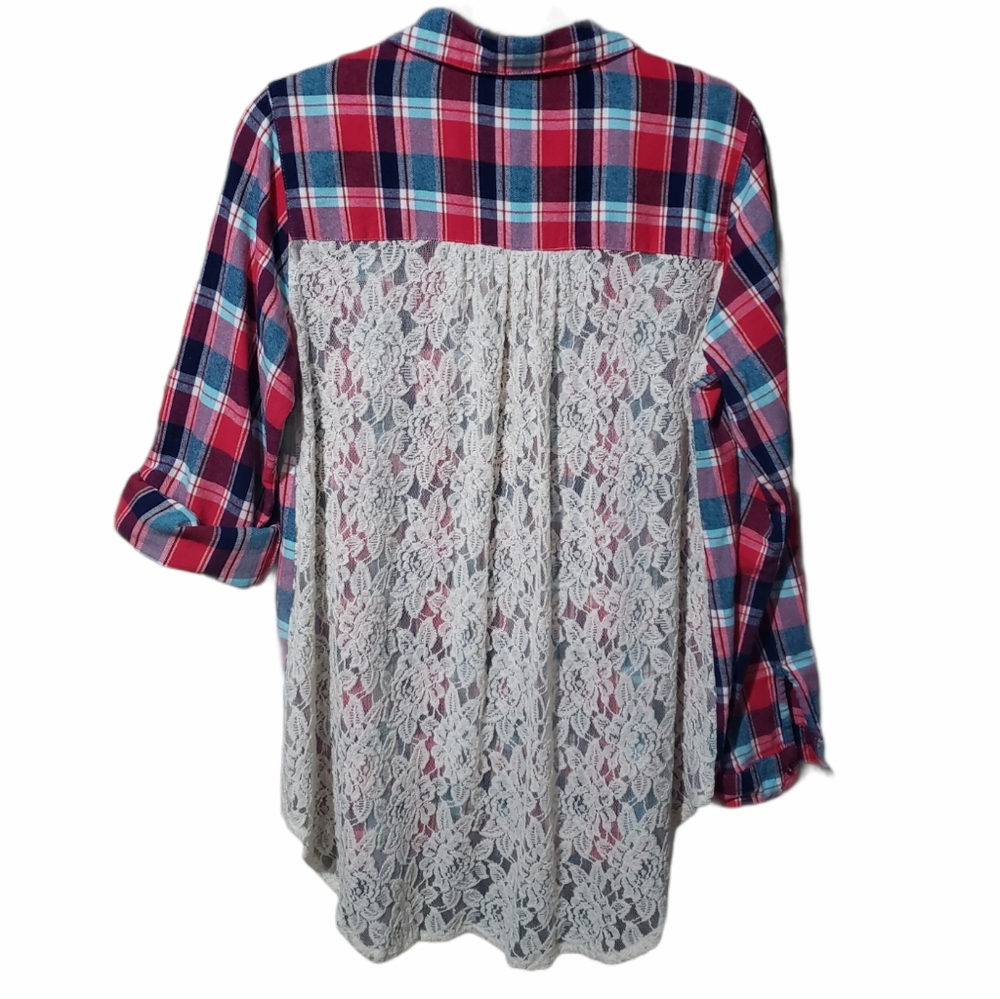 Hint of Mint Lace Back Red Boyfriend Plaid Rolltab Long Sleeve